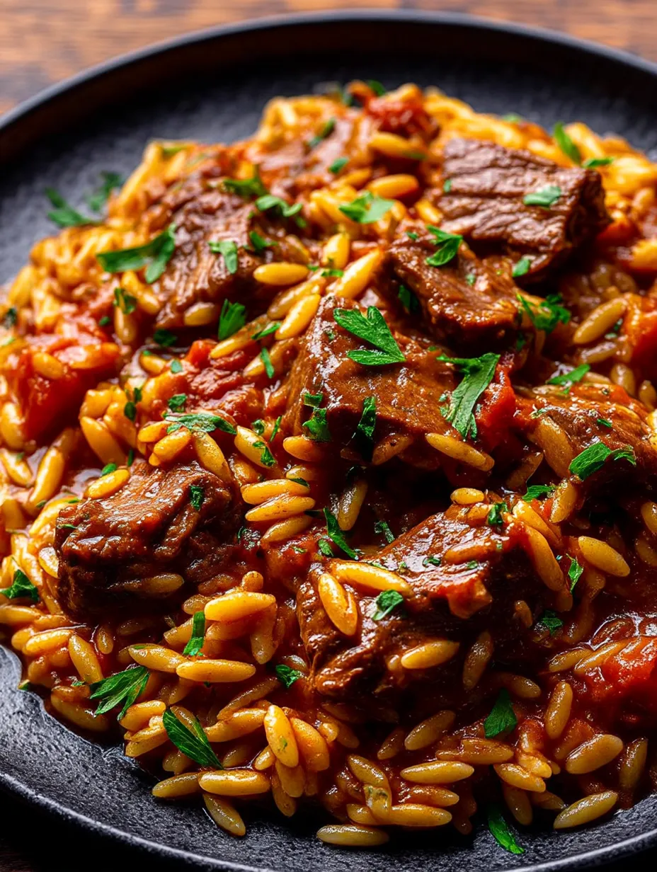 A bowl full of tender beef and orzo in a glossy sauce.