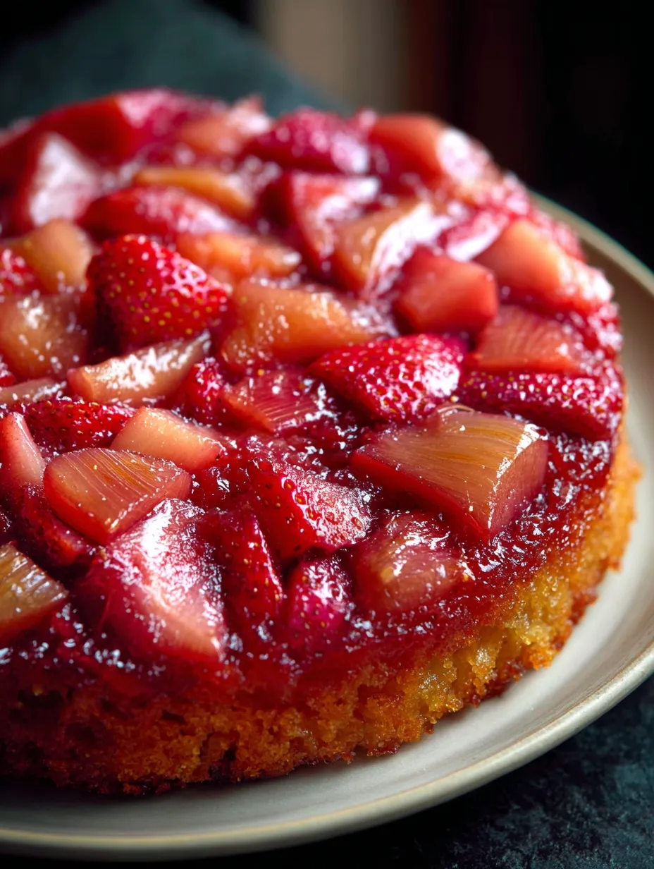 A bright slice with strawberries and rhubarb on top.