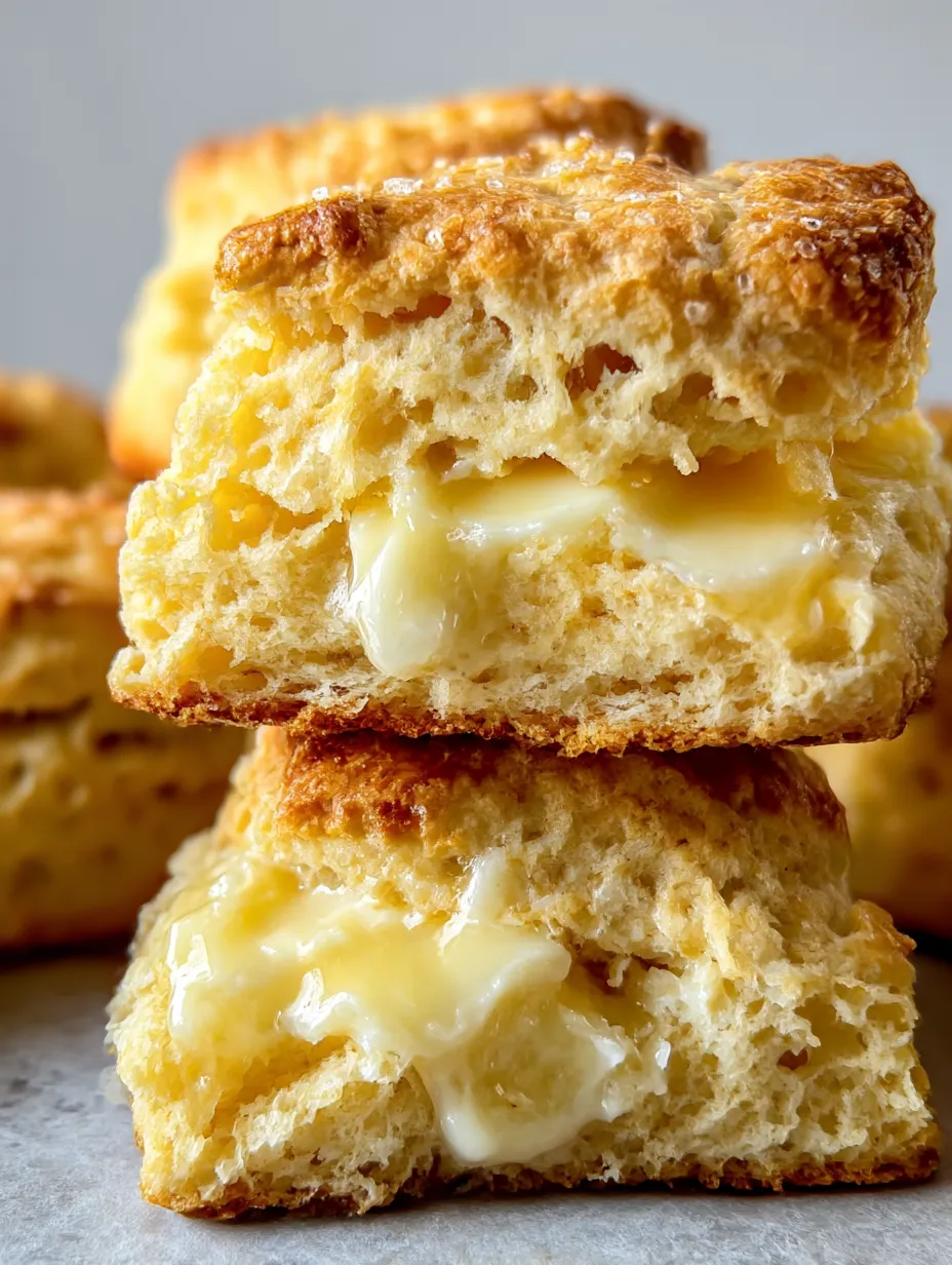 Three biscuits stacked high with a melting blob of butter.