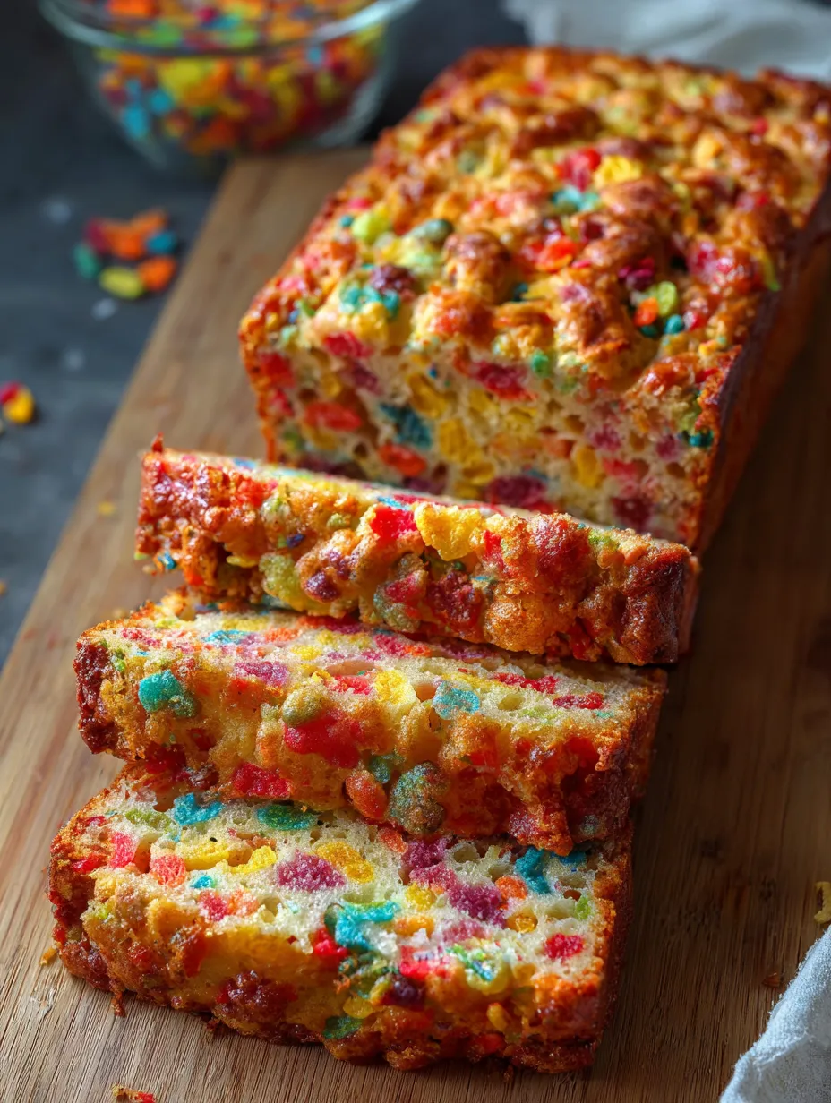 A thick slice of colorful Fruity Pebbles bread.