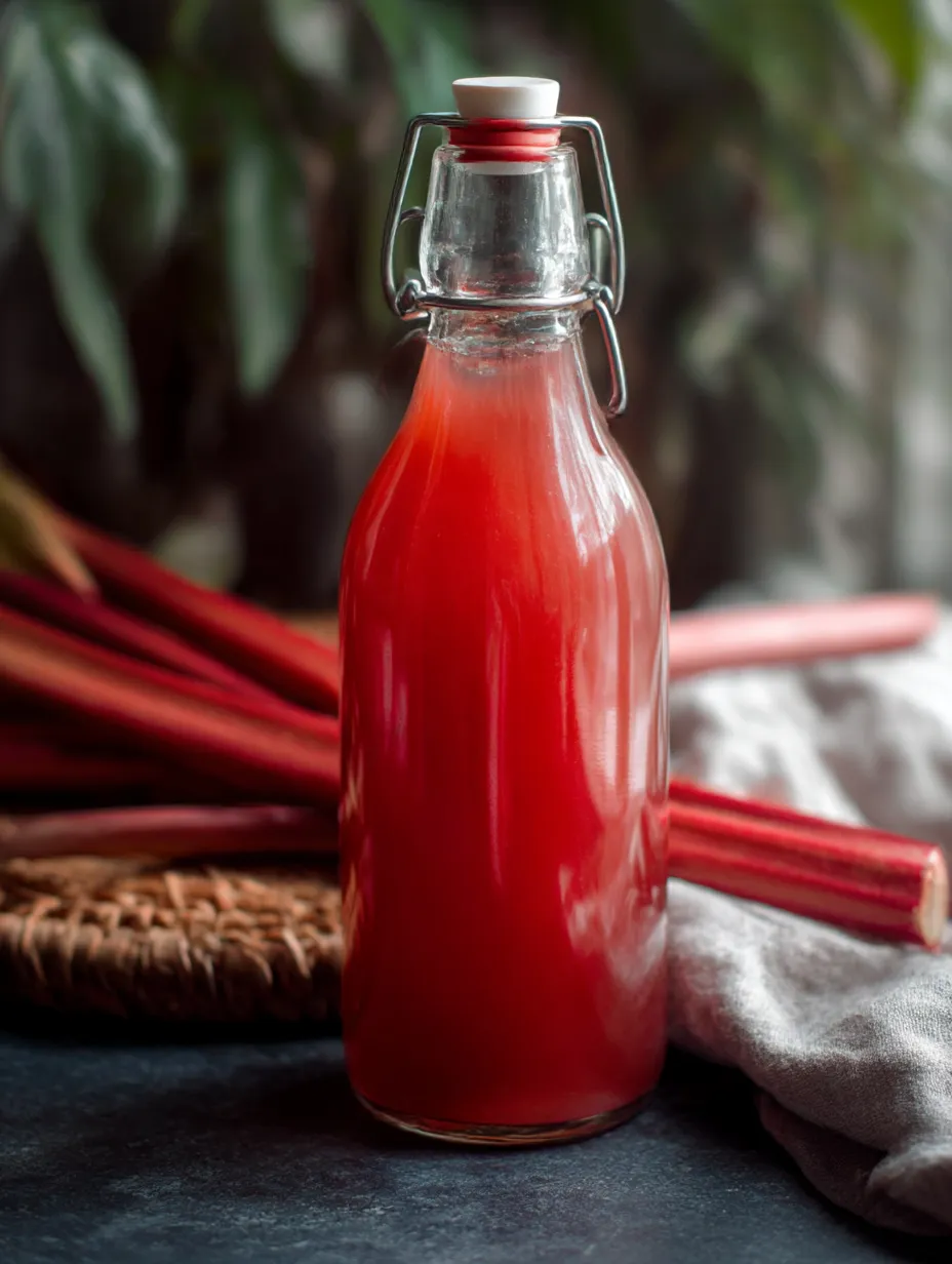Bottle filled with homemade rhubarb cordial.