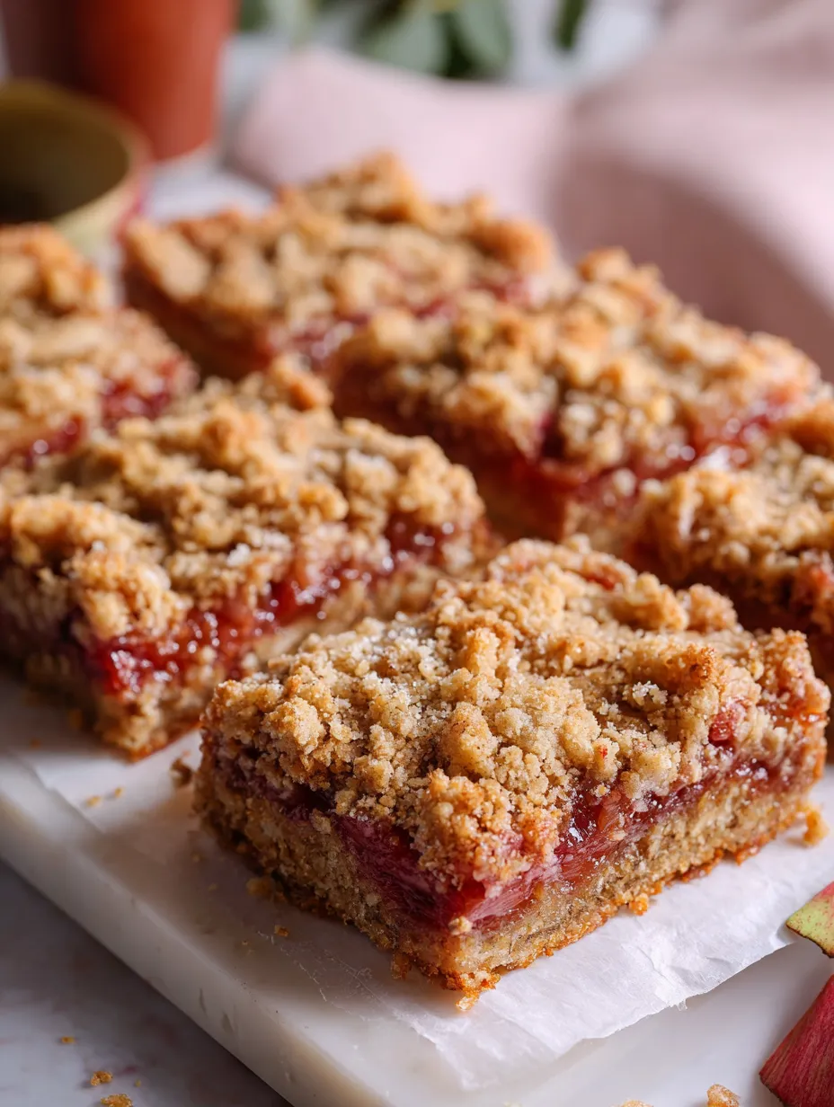 Piece of chewy Oatmeal Rhubarb Bar showing crumb topping.