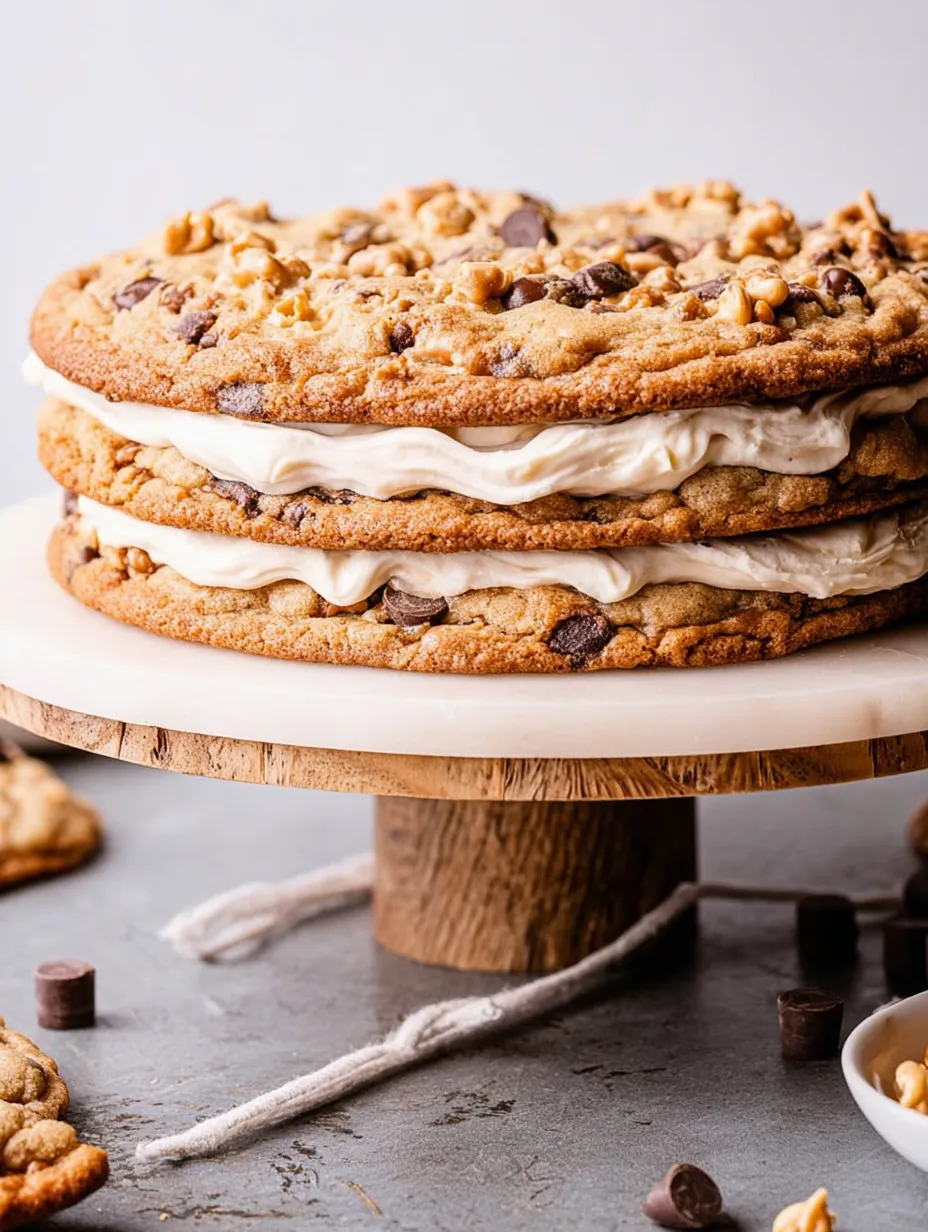 A giant cookie cake with three layers full of chocolate chips.