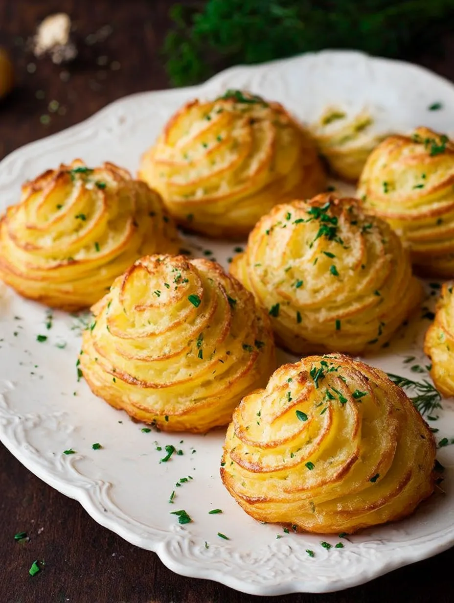 A plate loaded with crispy golden Duchess Potatoes packed with Parmesan and garlic.