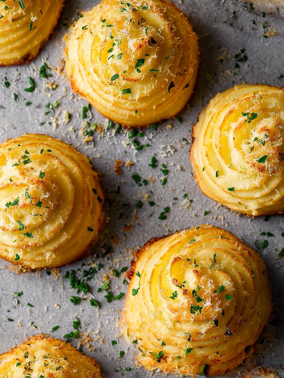 Golden brown Duchess Potatoes topped with garlic and parmesan, fresh out of the oven.