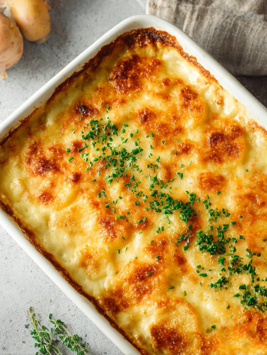 Roasted garlic potatoes au gratin in a baking dish, cheese bubbling on top.