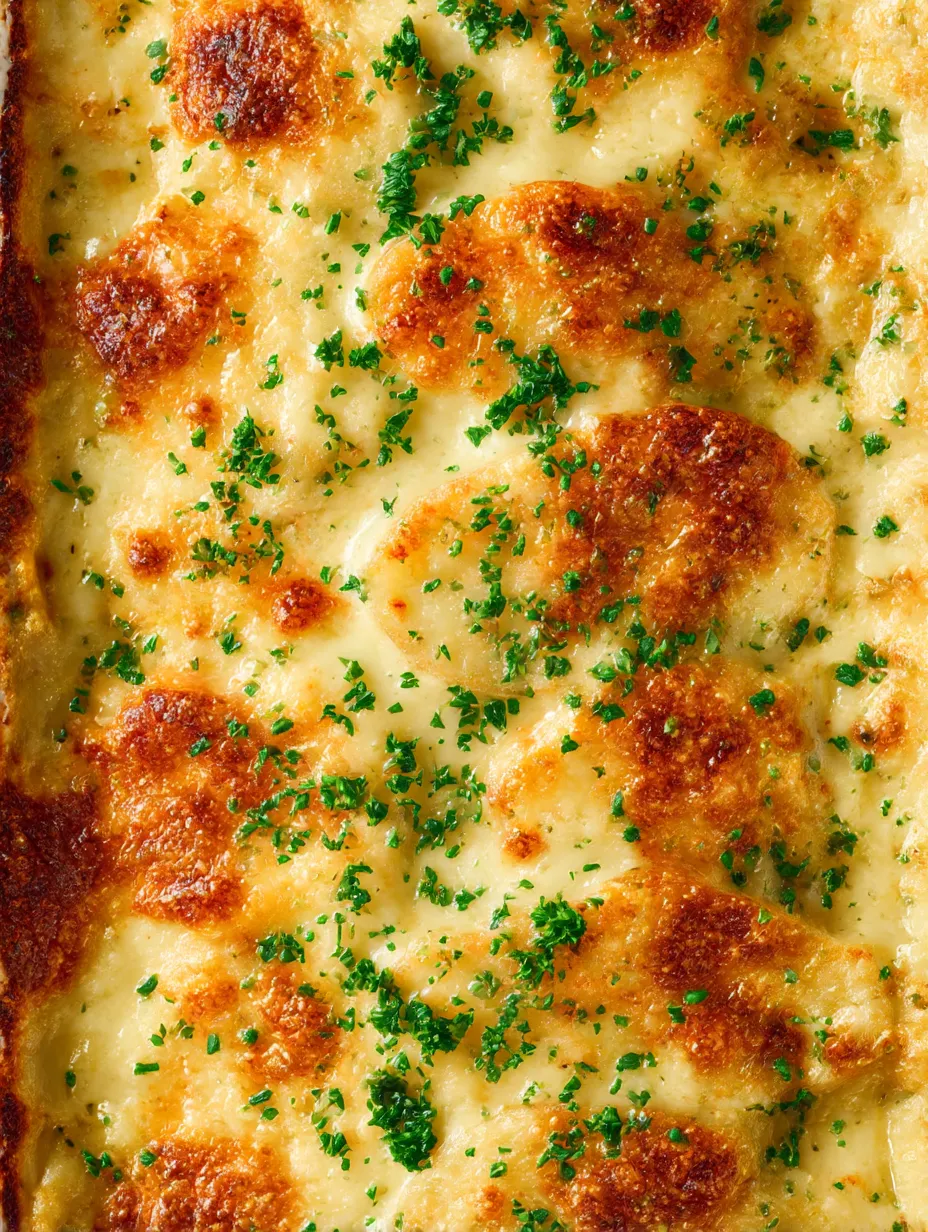 Golden bubbly garlic au gratin potatoes in close focus.
