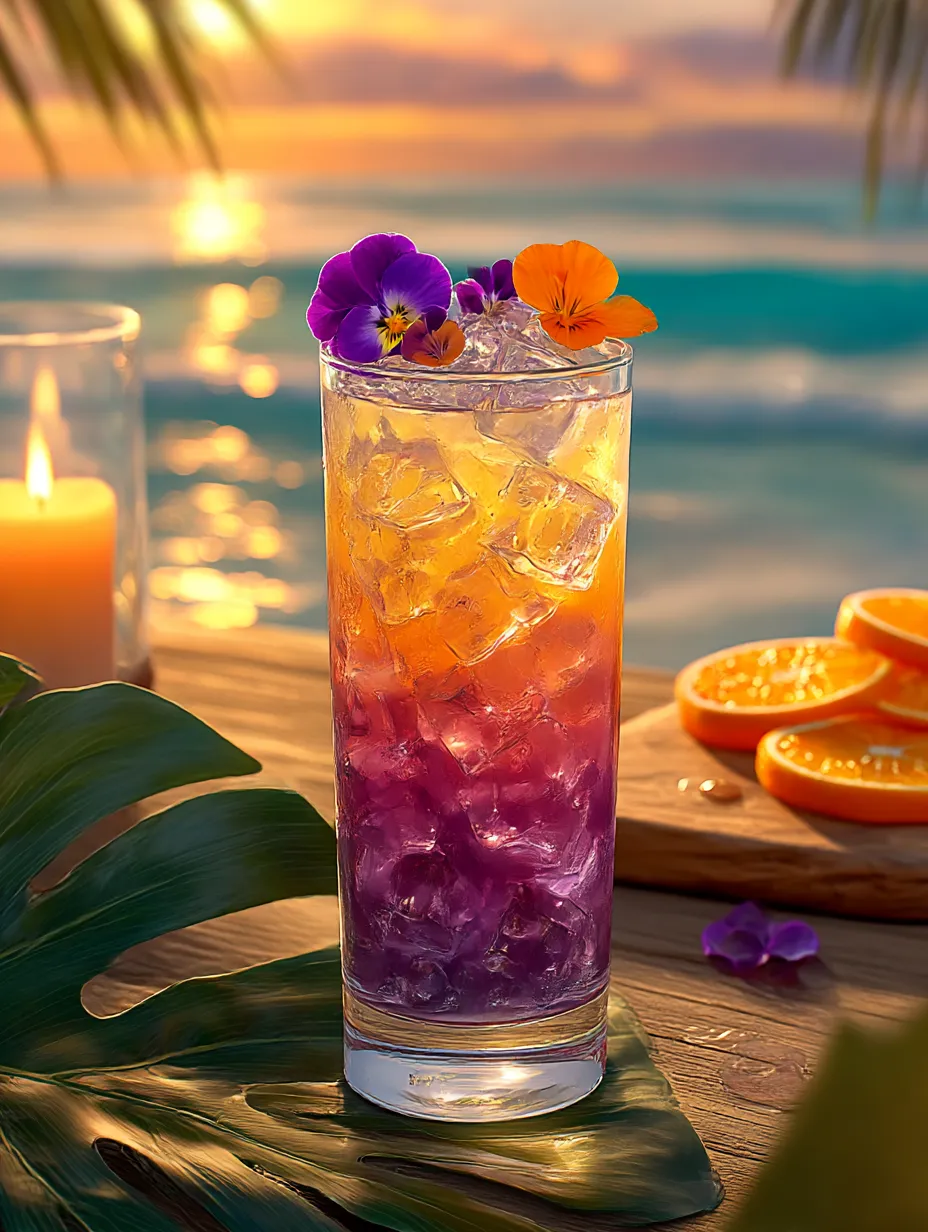 A tall glass of tropical orange drink with a slice of orange on the rim.