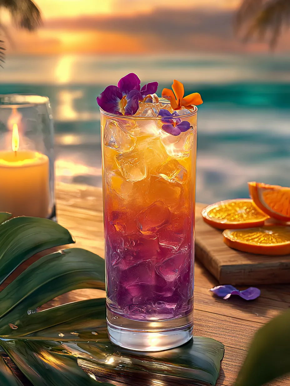 A pretty glass of orange-pink drink filled with flowers.
