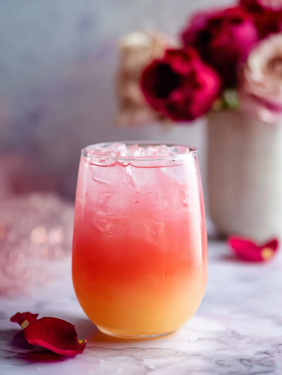 A tall glass filled with pink liquid and ice.