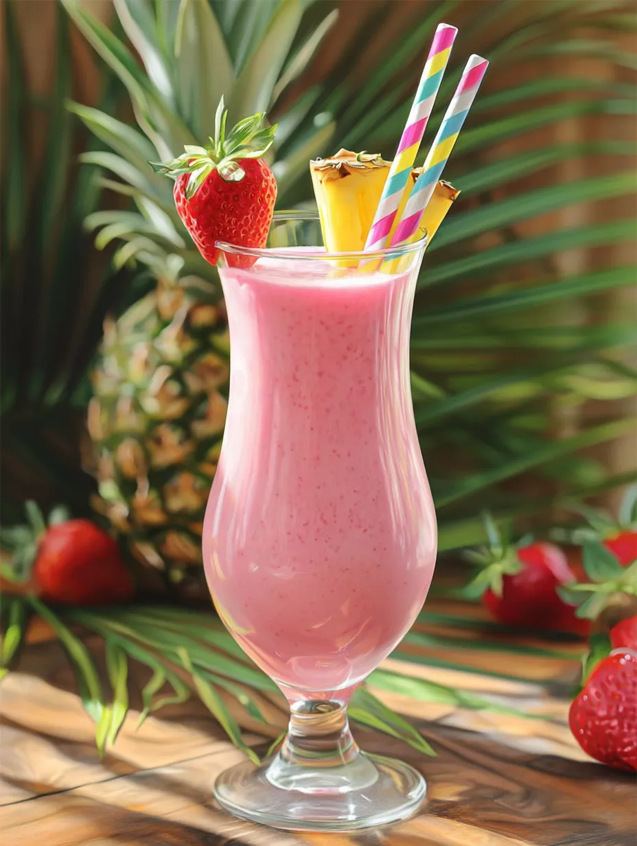 Refreshing booze-free strawberry piña colada in a glass with a straw and fruit garnish.