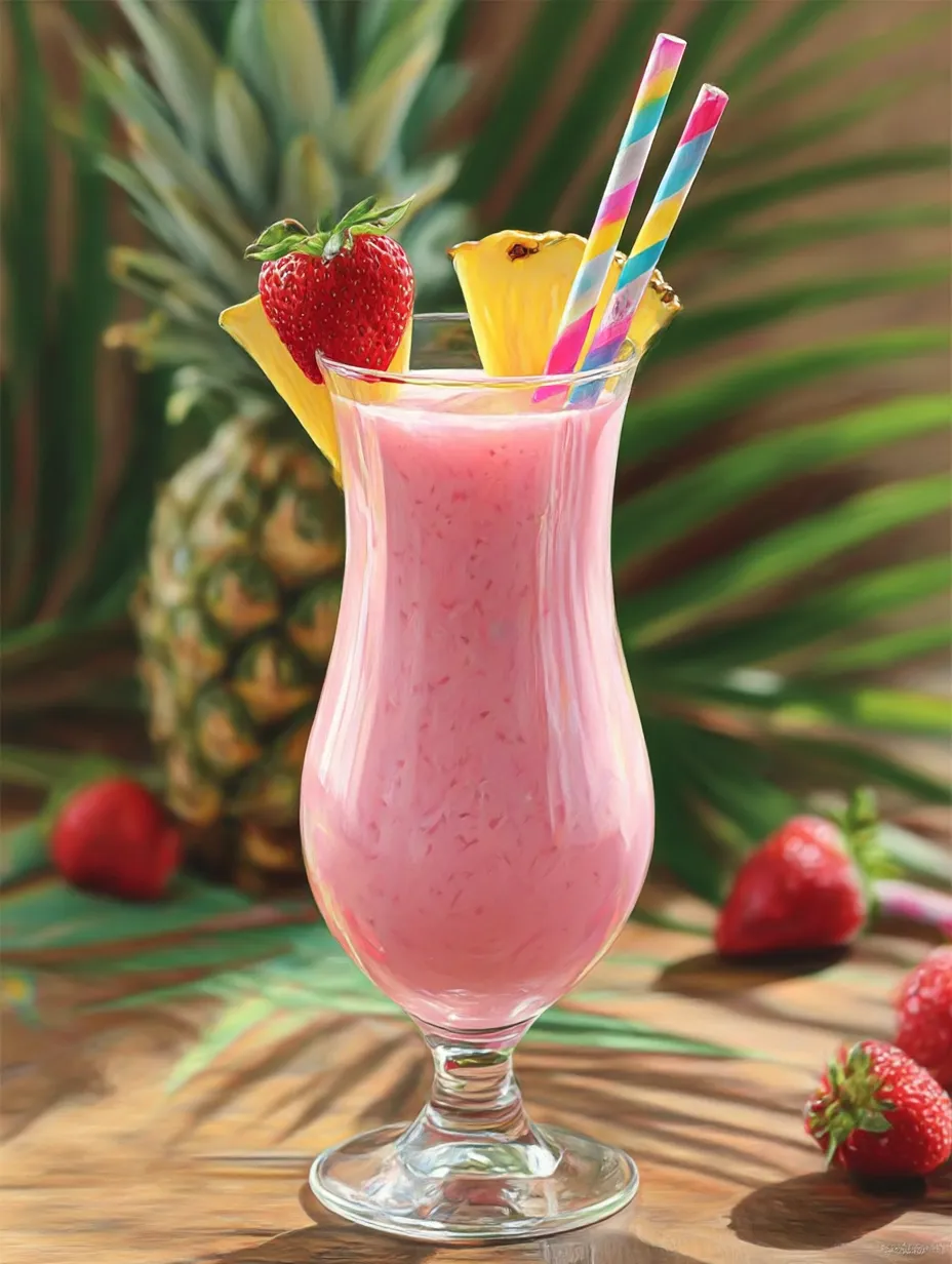 Alcohol-free strawberry piña colada bright and cold in a chilled glass, topped with fruit.