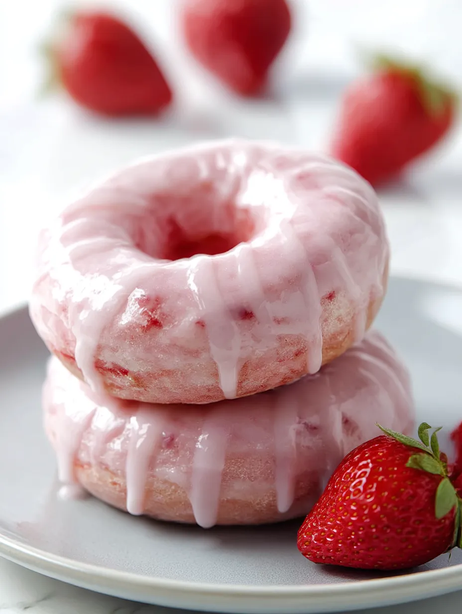 Glazed donut topped with pink icing and strawberries.
