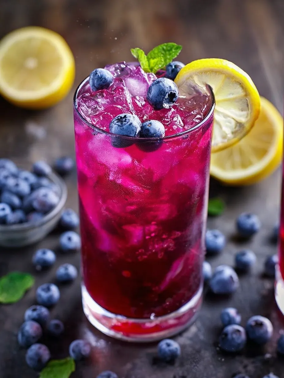 A glass of blueberry juice with a chunk of lemon.
