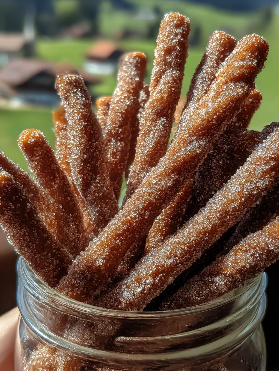A jar filled with cinnamon sugar covered pretzel rods.