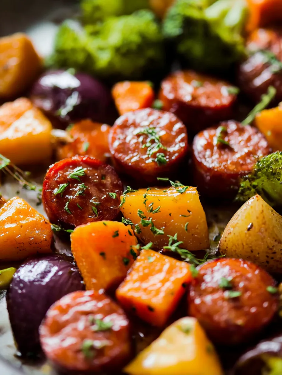 A plate filled with honey garlic kielbasa and veggies from one tray.