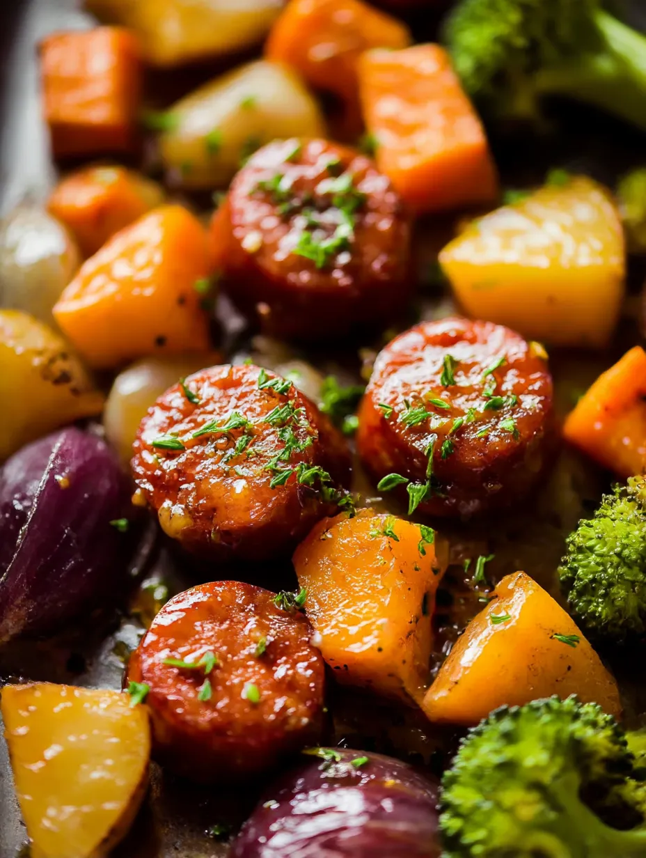 A plate of sausage, potatoes, and broccoli fresh from the oven.