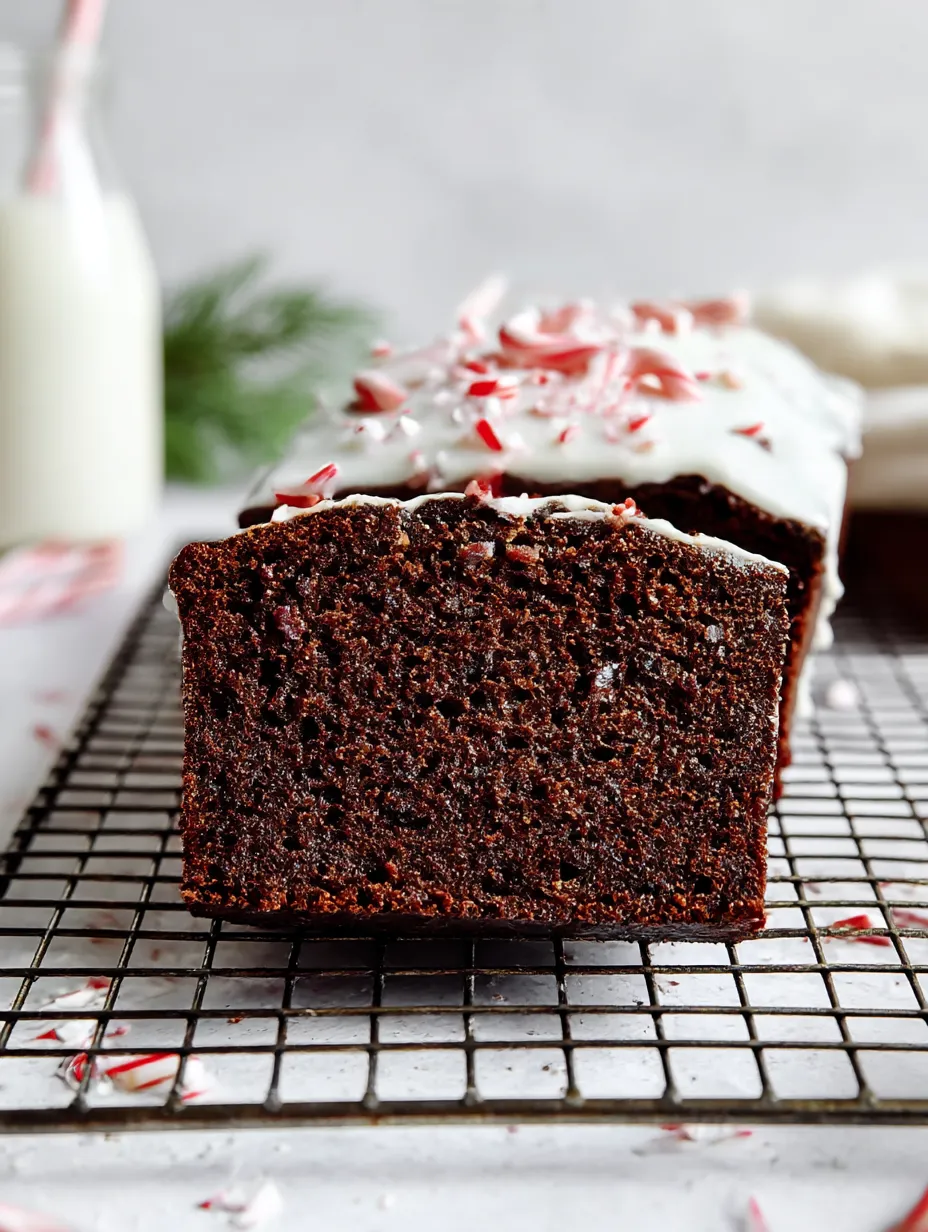 Chocolate Peppermint Bread slice with frosting and candy cane bits.