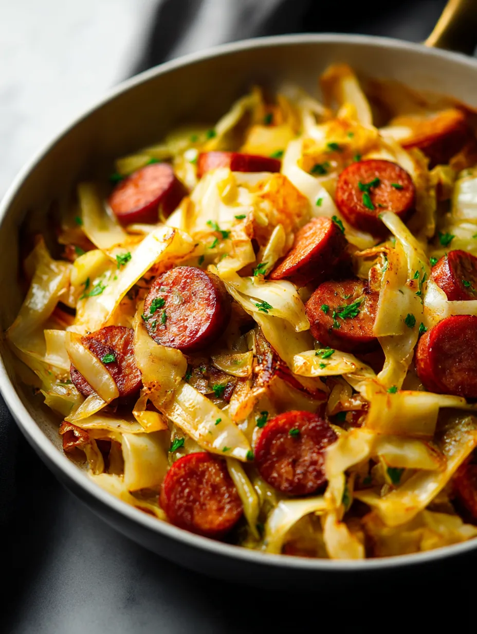 A bowl filled with sautéed kielbasa and cabbage.