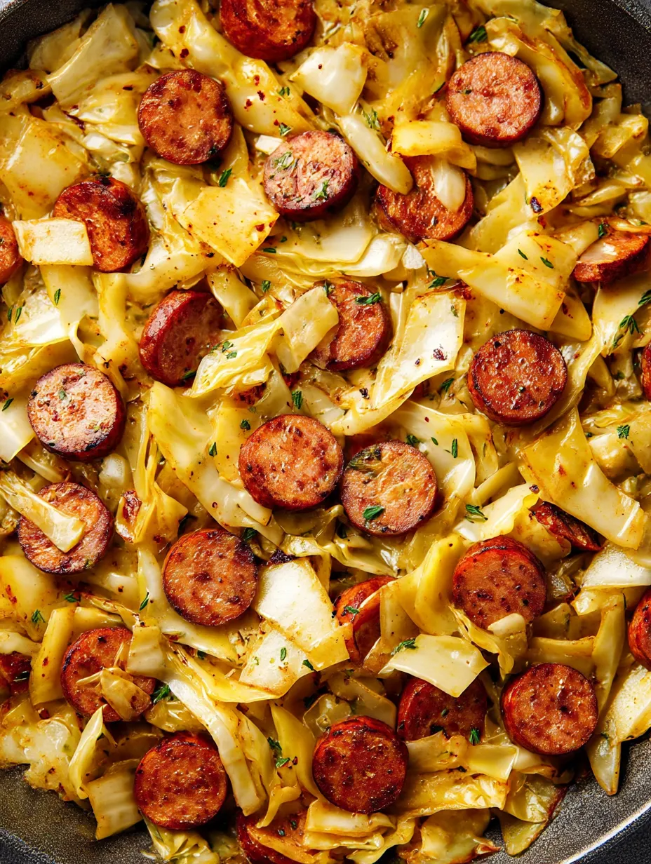 A serving of sautéed kielbasa and cabbage on a plate.
