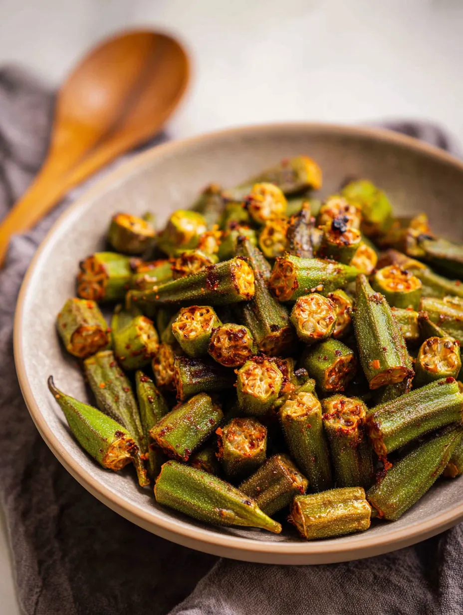 A bowl of Roasted Okra with a wooden spoon.