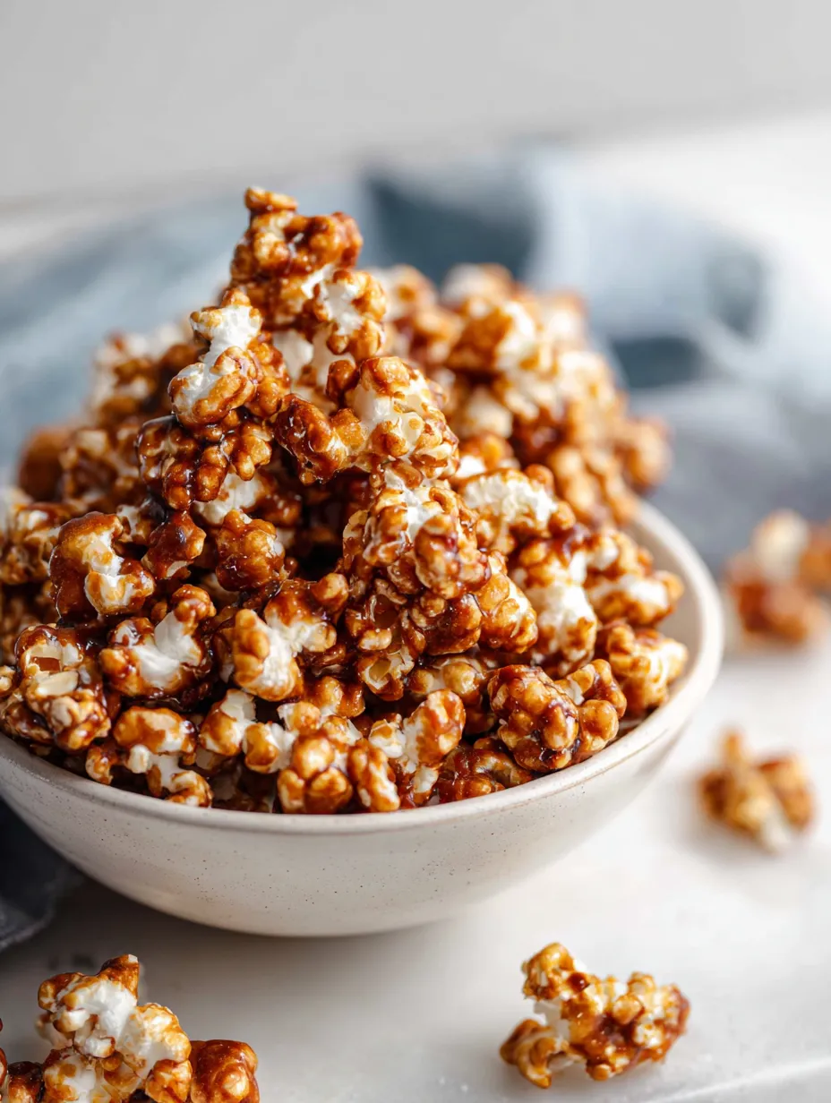 Popcorn piled in a bowl with sweet glaze poured over it.