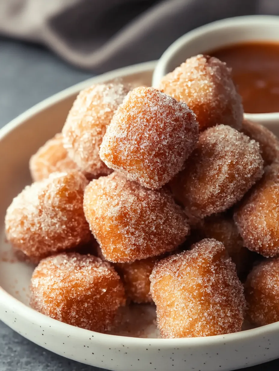 Bowl filled with air-fried churro bites topped with cinnamon sugar.