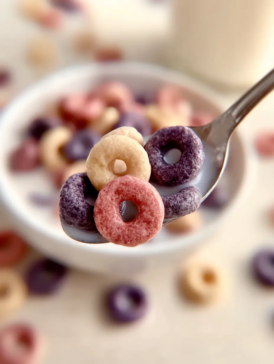 Spoon holding colorful fruity loops.