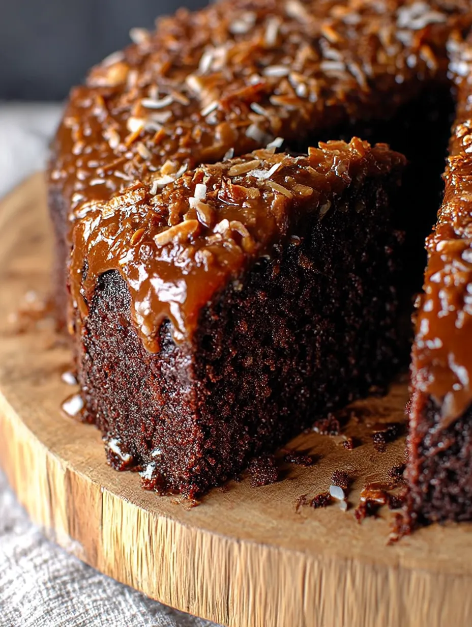 A slice of coconut, caramel, and chocolate cake flipped upside-down.