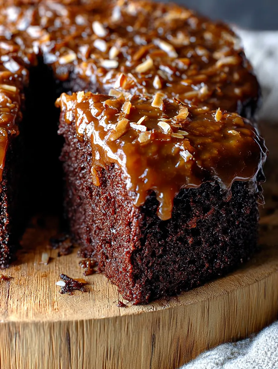 A homemade chocolate coconut caramel upside-down cake on a plate.