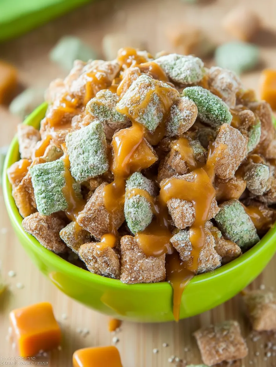 A bowl full of sticky Caramel Apple Puppy Chow.