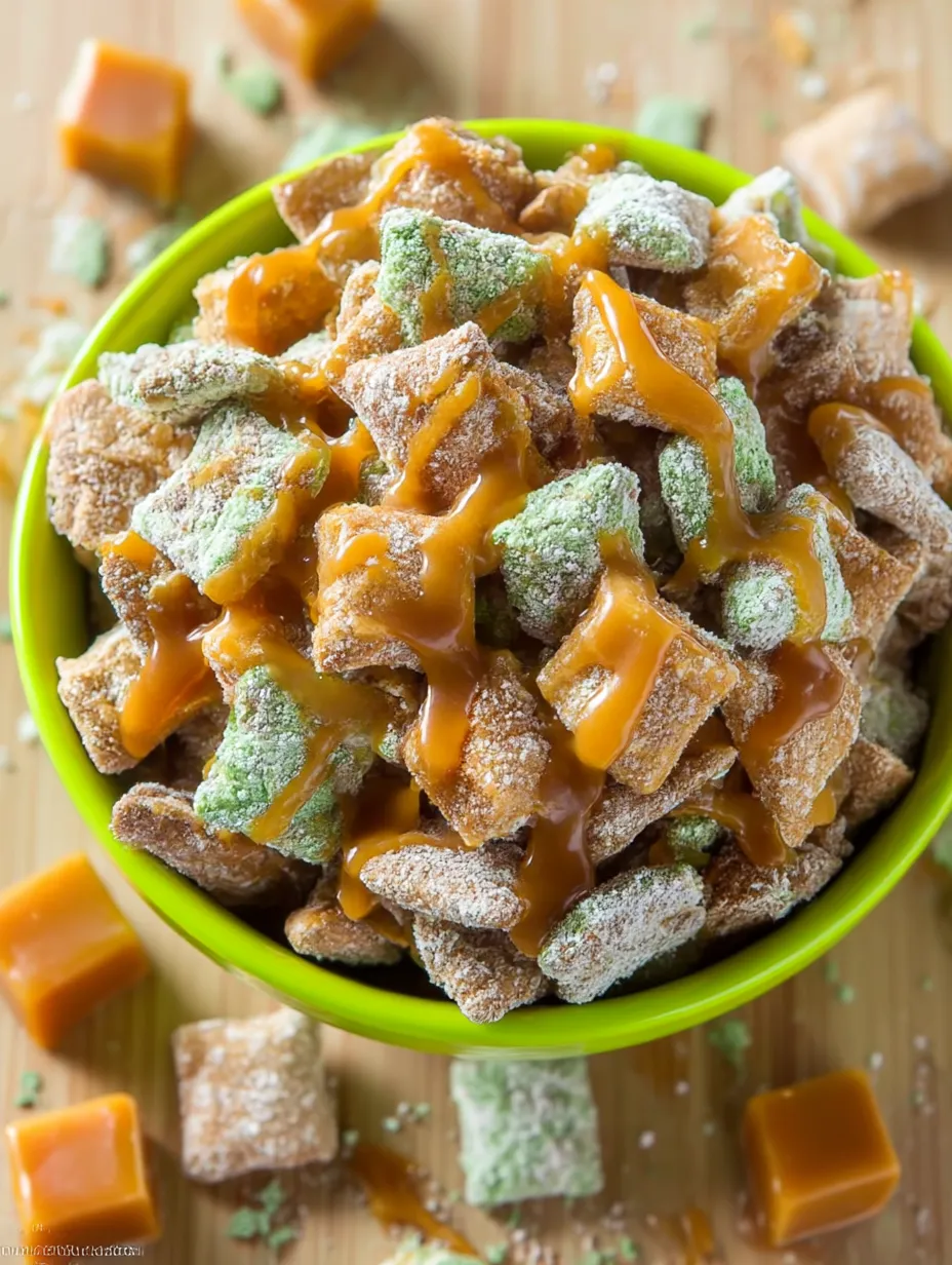 Bowl of simple Caramel Apple Puppy Chow snack mix.
