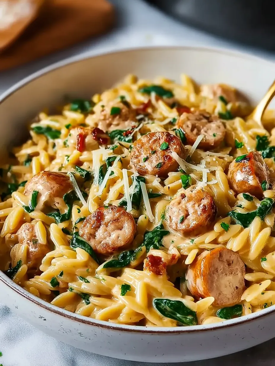 A bowl loaded with creamy orzo and chicken sausage.