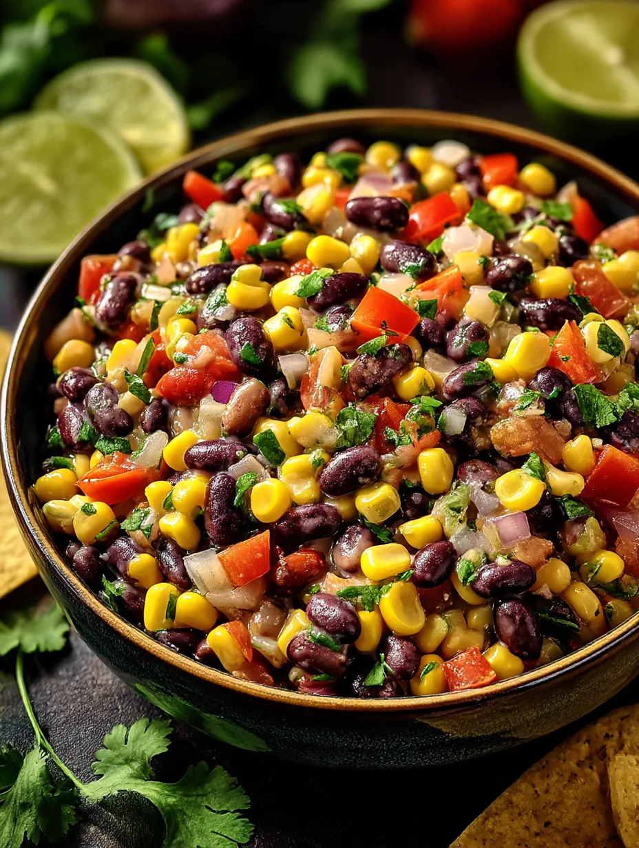 Colorful bowl packed with corn, beans, tomatoes, and lime.