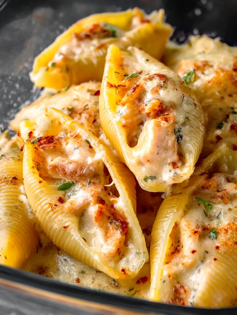 A plate piled with cheesy pasta shells and chicken.