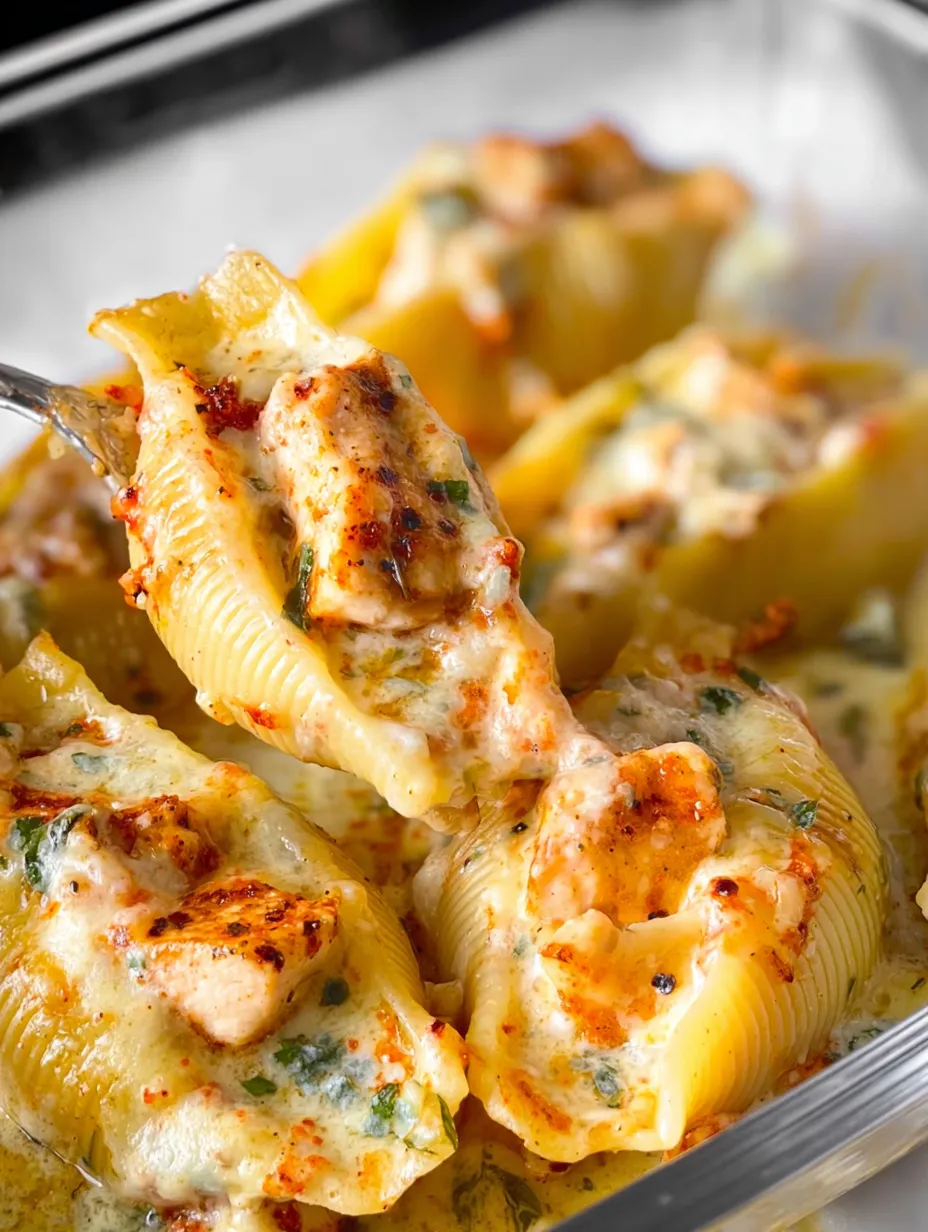 Stuffed pasta shells with chicken and cheesy topping.