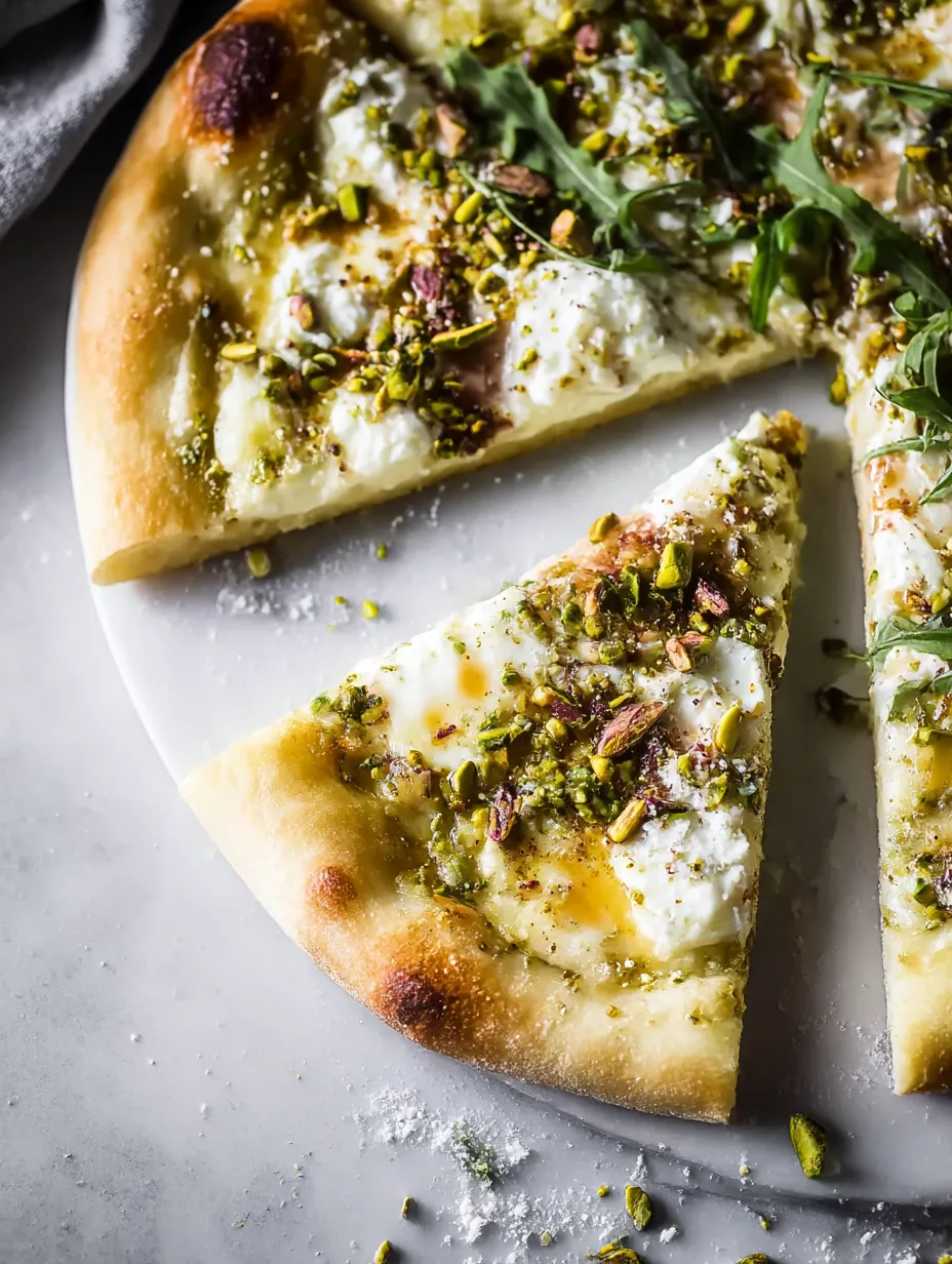 Finished Burrata Pistachio White Pizza on a wood board.