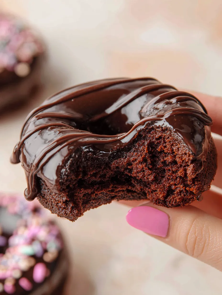 Chocolate donut with glossy glaze.