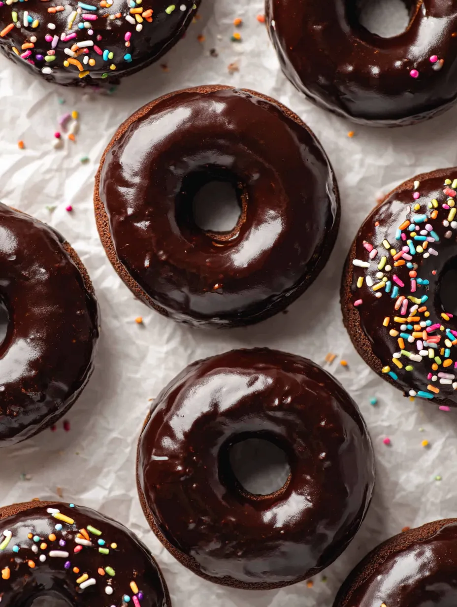 Fudgy donuts with colorful sprinkles.