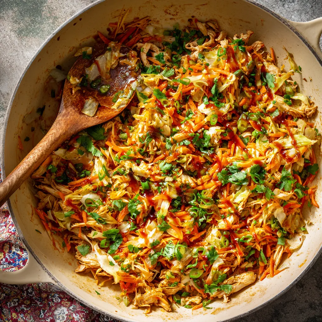 Plated chicken cabbage peanut stir fry with herbs