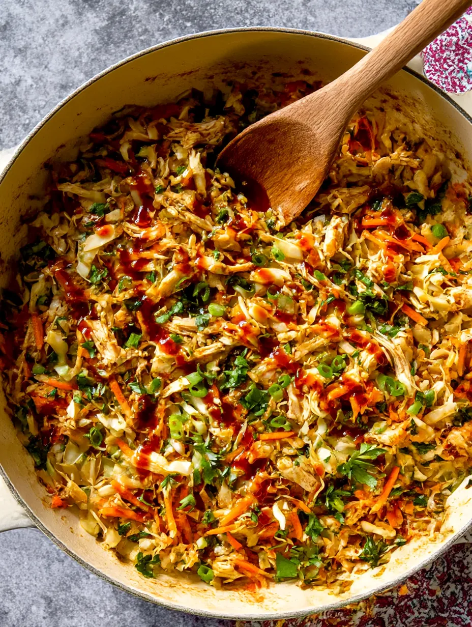 A skillet with Chicken and Cabbage Stir Fry.
