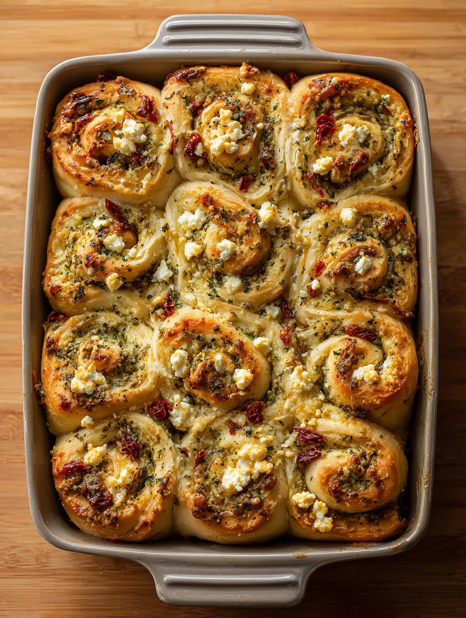 Pan full of cheesy rolls with red tomato pieces.