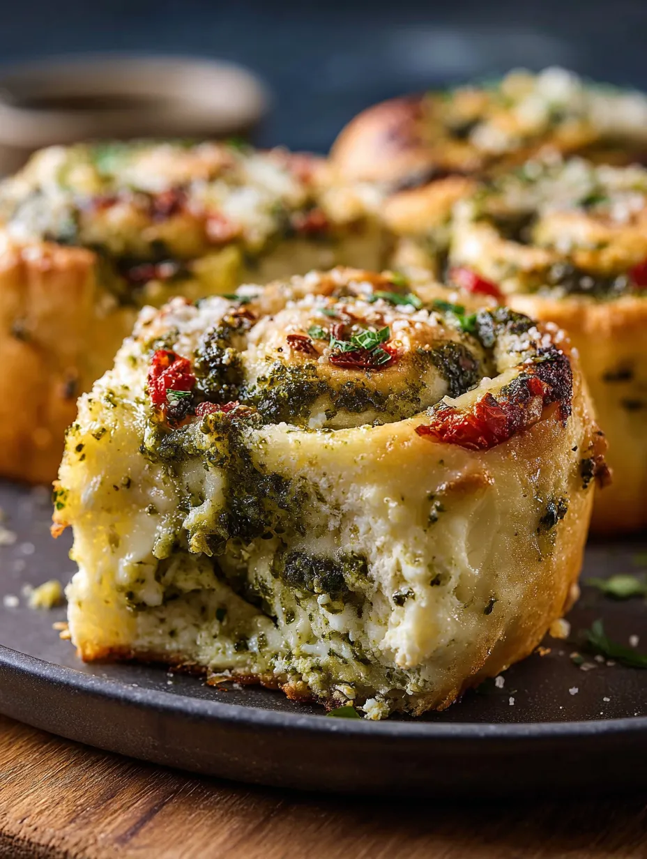 Round pesto rolls on a plate.