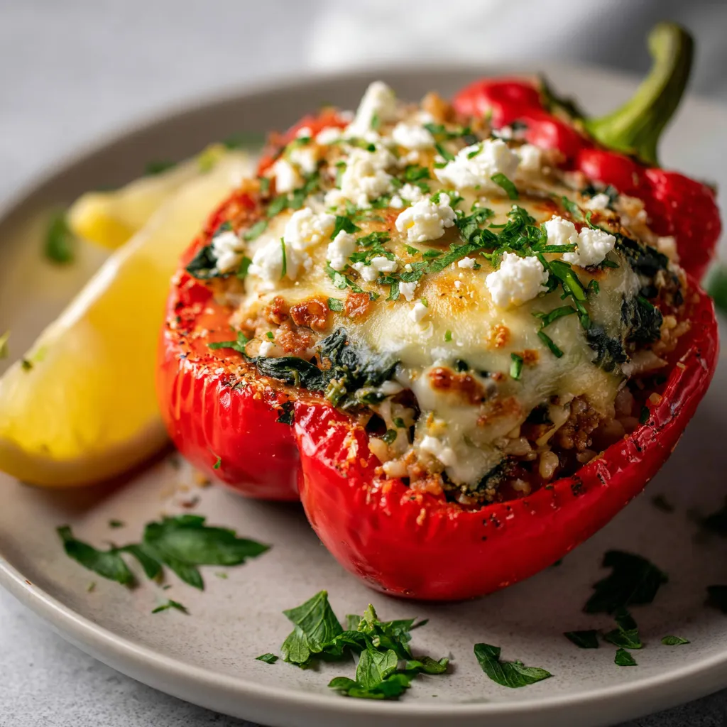 A red pepper with cheese and greens on top.