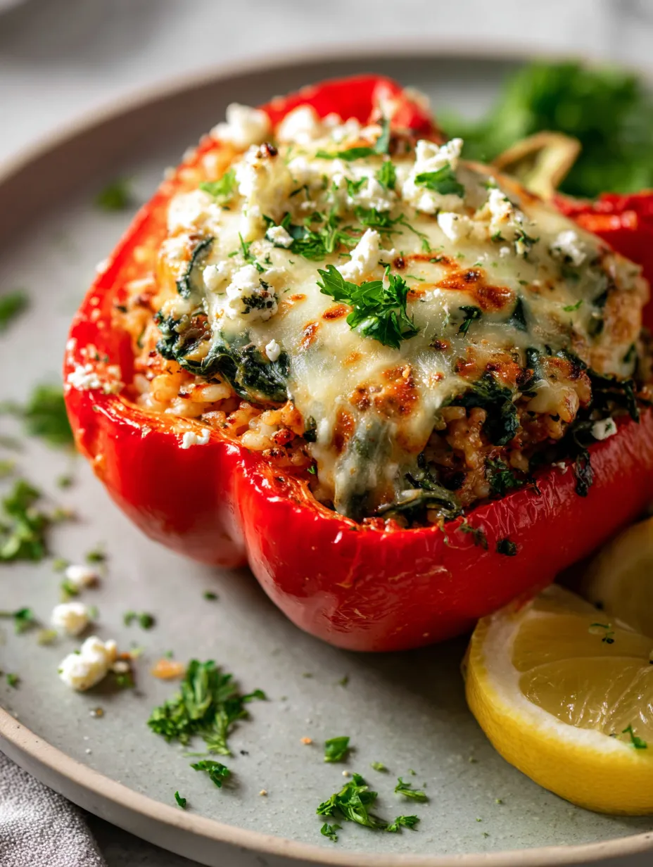 Simple Greek-style stuffed peppers with chicken, ready to eat.