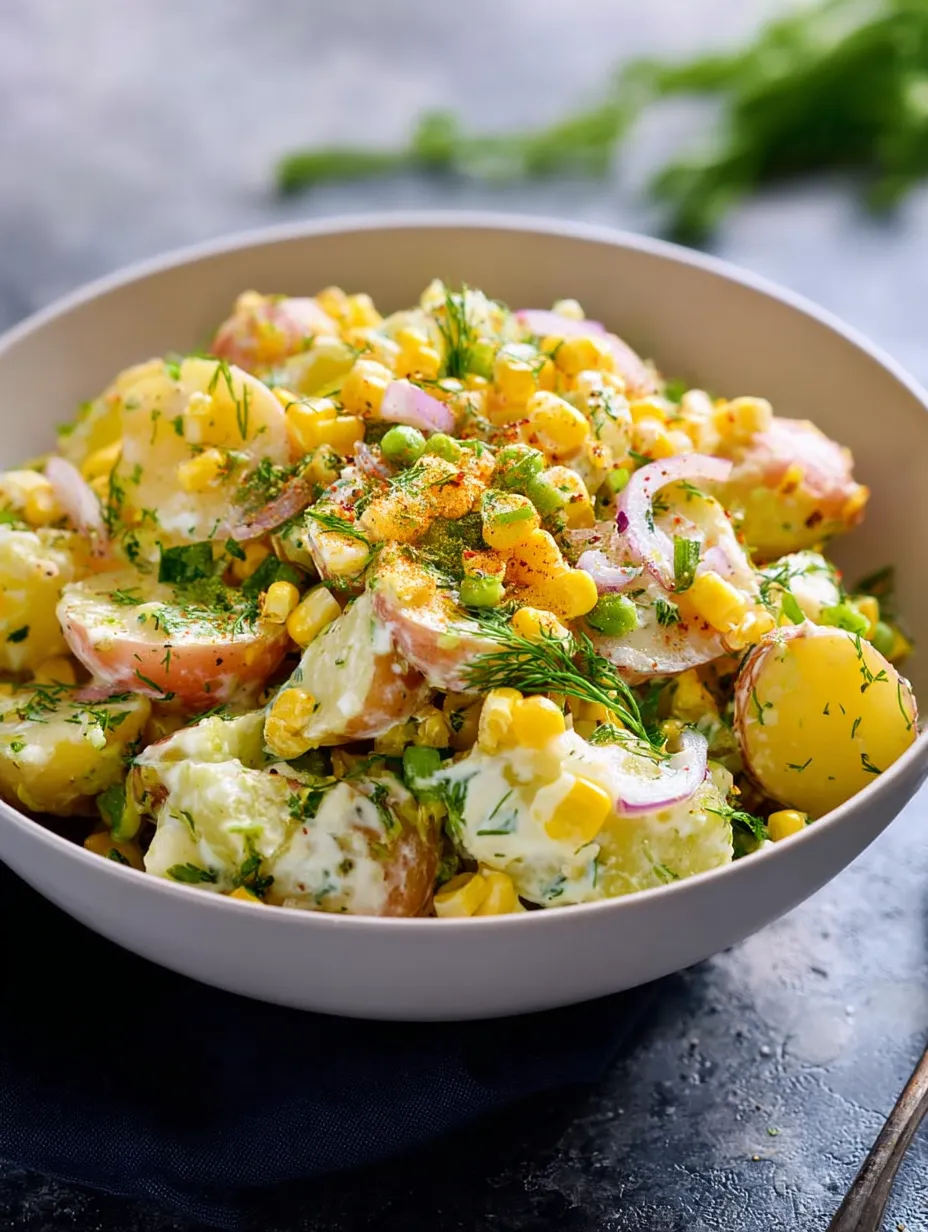 A bowl full of French-inspired Summer Potato Salad with Corn.