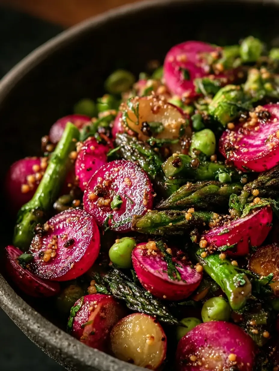 A bowl overflowing with Roasted Asparagus and Radishes.