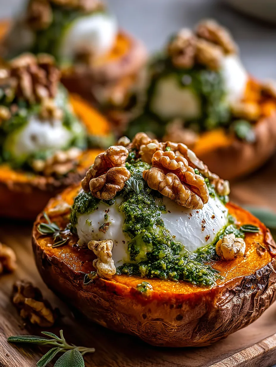 A slice of roasted sweet potato with a walnut on top.