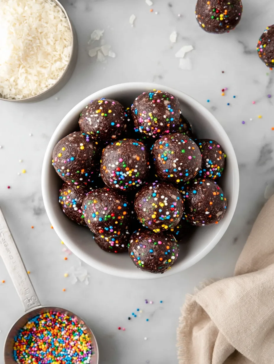 Bowl of chocolate treats topped with rainbow sprinkles.