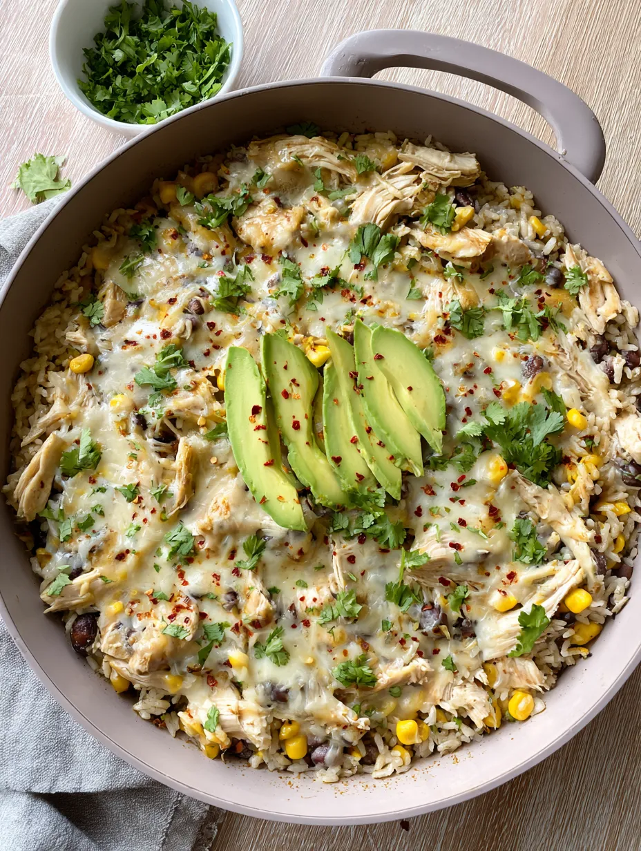A hearty bowl filled with rice, chicken, corn, and chunks of avocado.